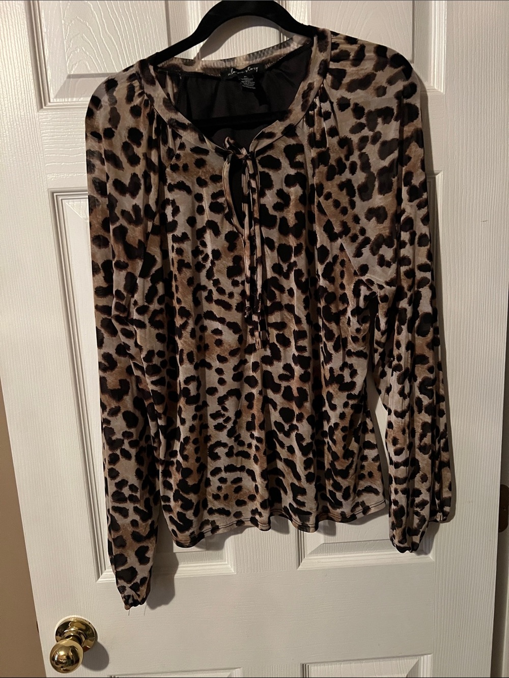 Velvet Animal Print Tie-Neck Long Sleeve Top - Brown Leopard